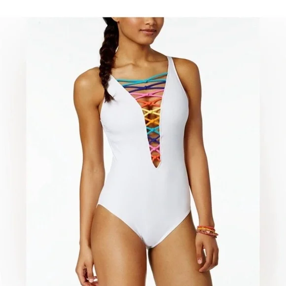 New Bleu Rod Beattie Womens Swimwear One-Piece Strappy White size 12 - Picture 3 of 4